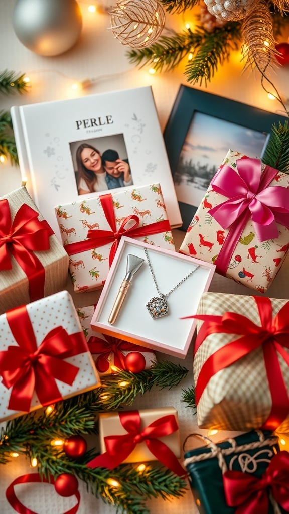 Creative Christmas Gift Ideas A festive assortment of Christmas gifts including personalized items and gourmet treats, decorated with ribbons and lights.